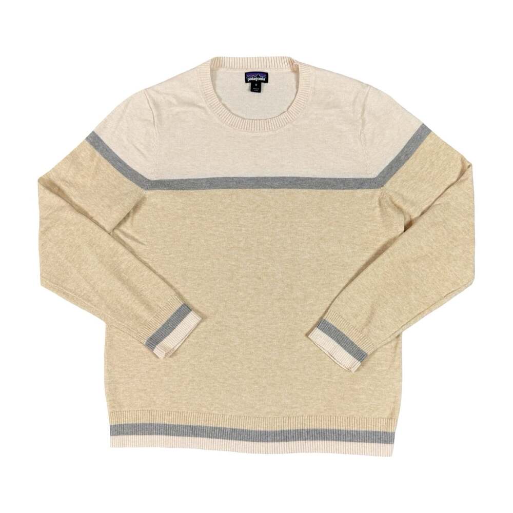 Patagonia Sweater Beige Gray Striped Crewneck Pullover Knit Logo Size M